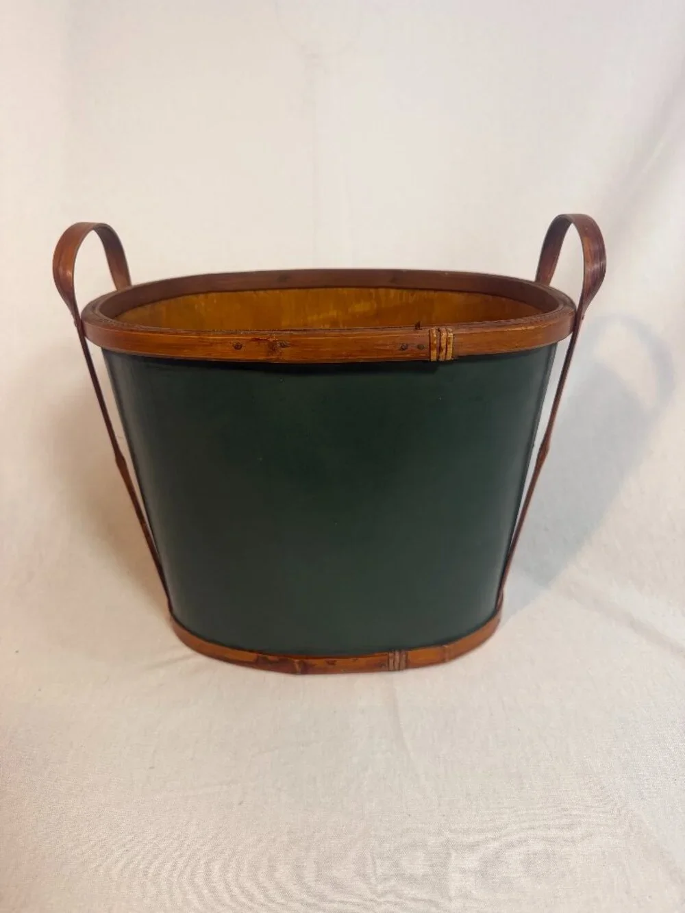 Primitive Bentwood Magazine Basket Rattan Handle Green Accent Early Country Tote